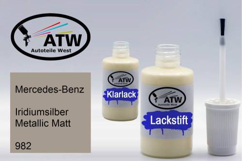 Mercedes-Benz, Iridiumsilber Metallic Matt, 982: 20ml Lackstift + 20ml Klarlack - Set, von ATW Autoteile West.